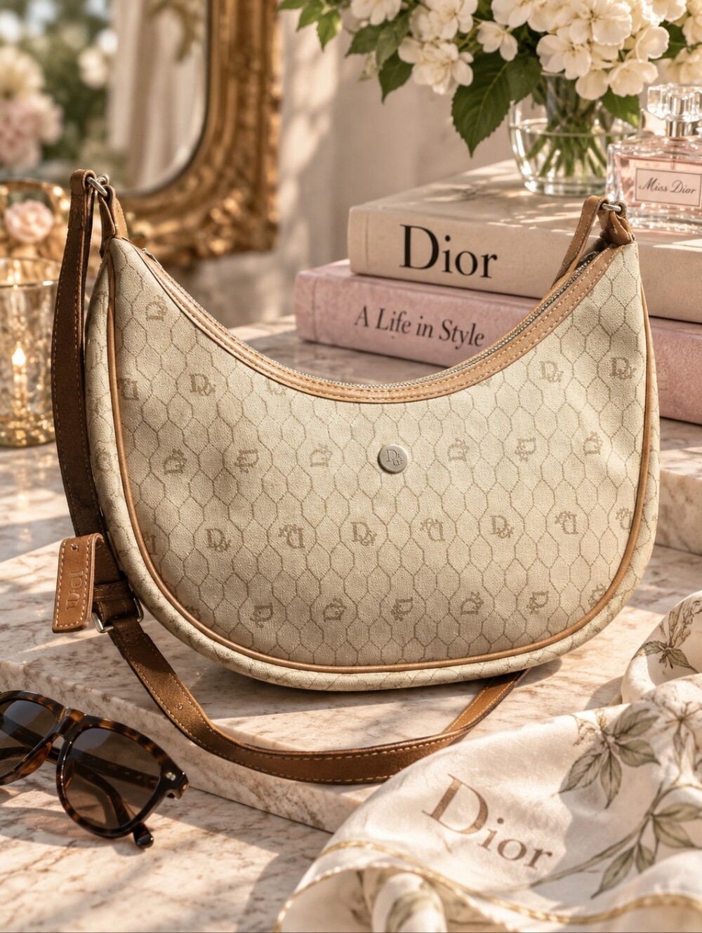 Vintage Christian Dior Honeycomb Crossbody Long Hobo Saddle Style Bag Beige
